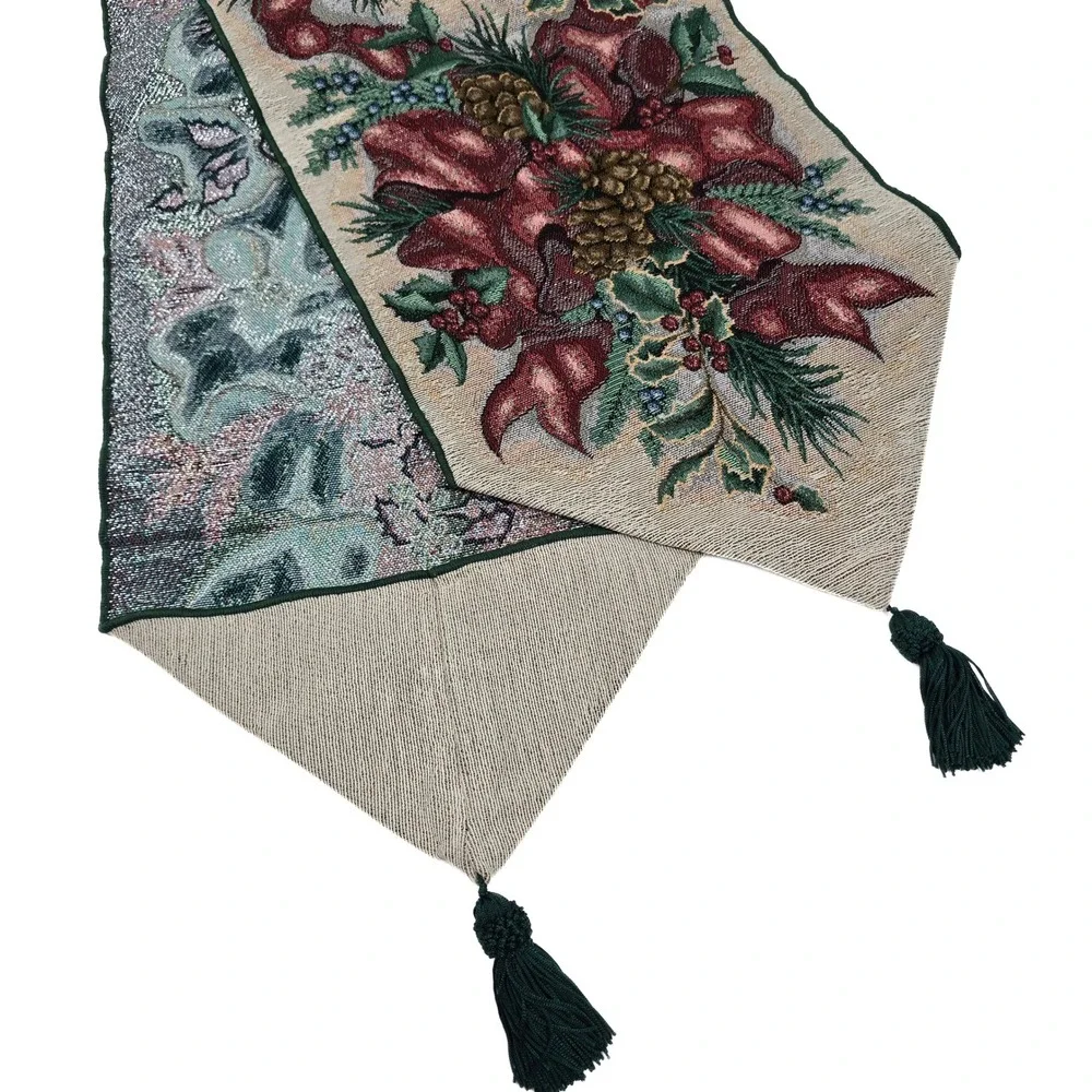 Christmas Woven Tapestry Table Runner Poinsettia Pinecone Tassel Green Red 70in